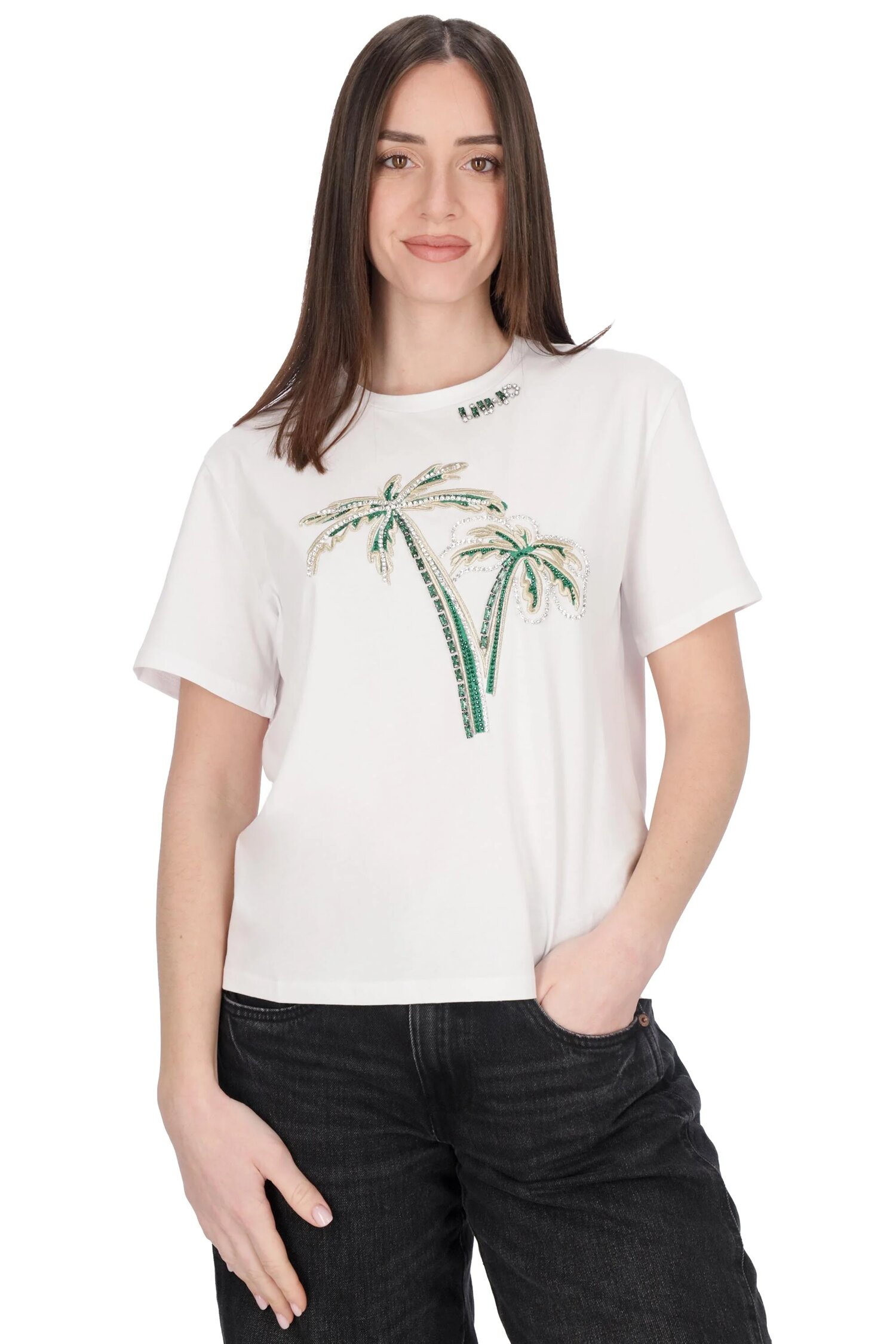 T-shirt in cotone con ricamo e strass liu jo pe 25 art. ca5371
